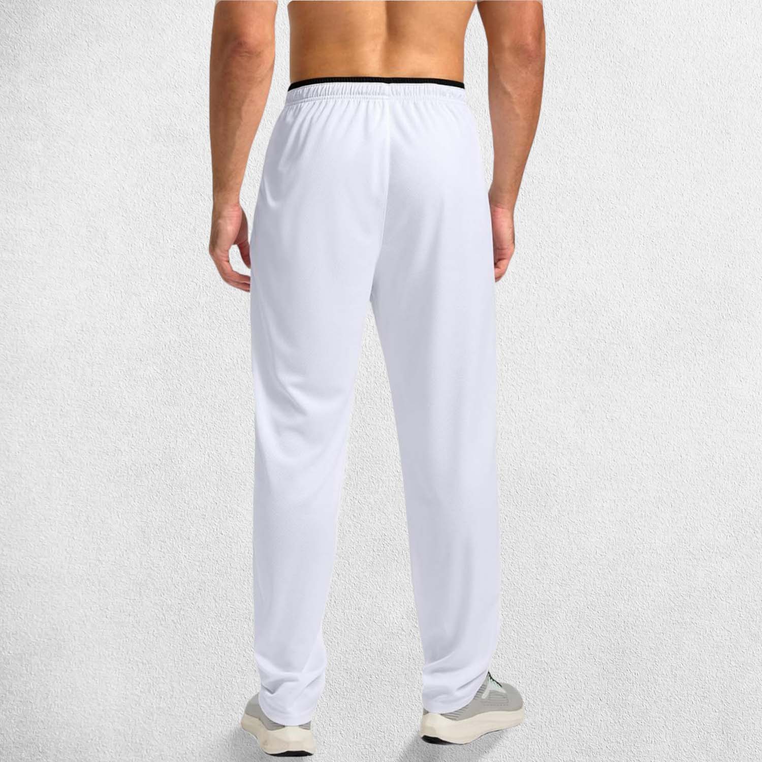 Rear View of White GPW Men’s Open-Bottom Workout Trousers with Zip Pockets and Lightweight Mesh