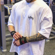 Close-up of White GPW Men's Oversized T-Shirt - Casual Gym Bodybuilding Top