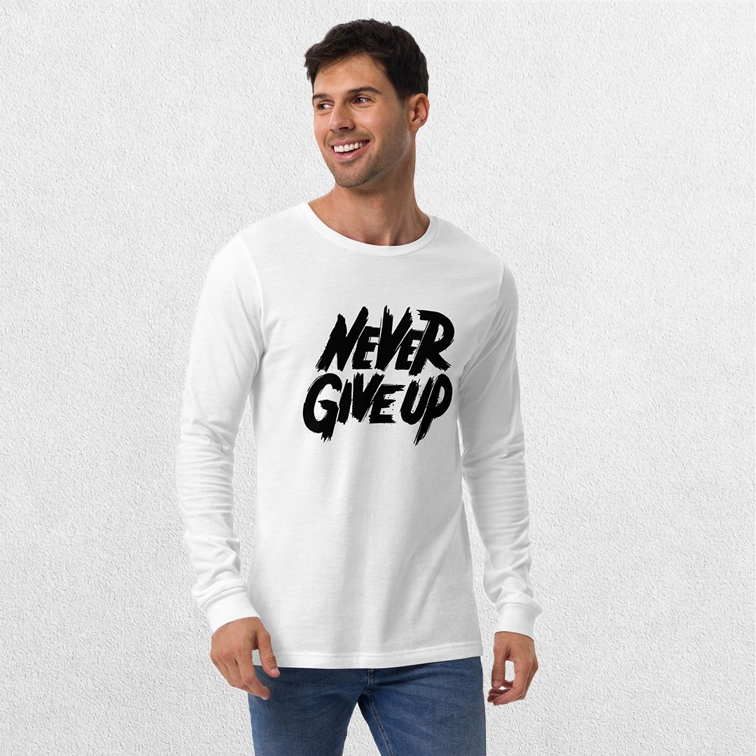 Model wearing the White GPW Never Give Up Shirt styled with jeans.