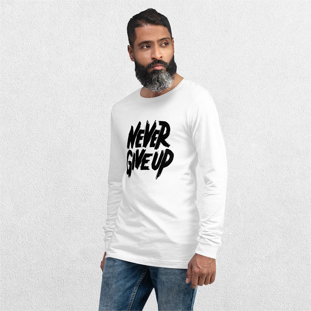 Model wearing the White GPW Never Give Up Shirt styled with jeans.