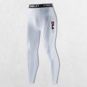 White Reinforced stitching on durable GPW running leggings for men.