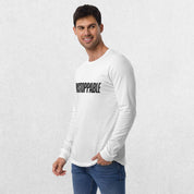 Model wearing the White GPW Unisex Long Sleeve Tee with Unstoppable Design with jeans.