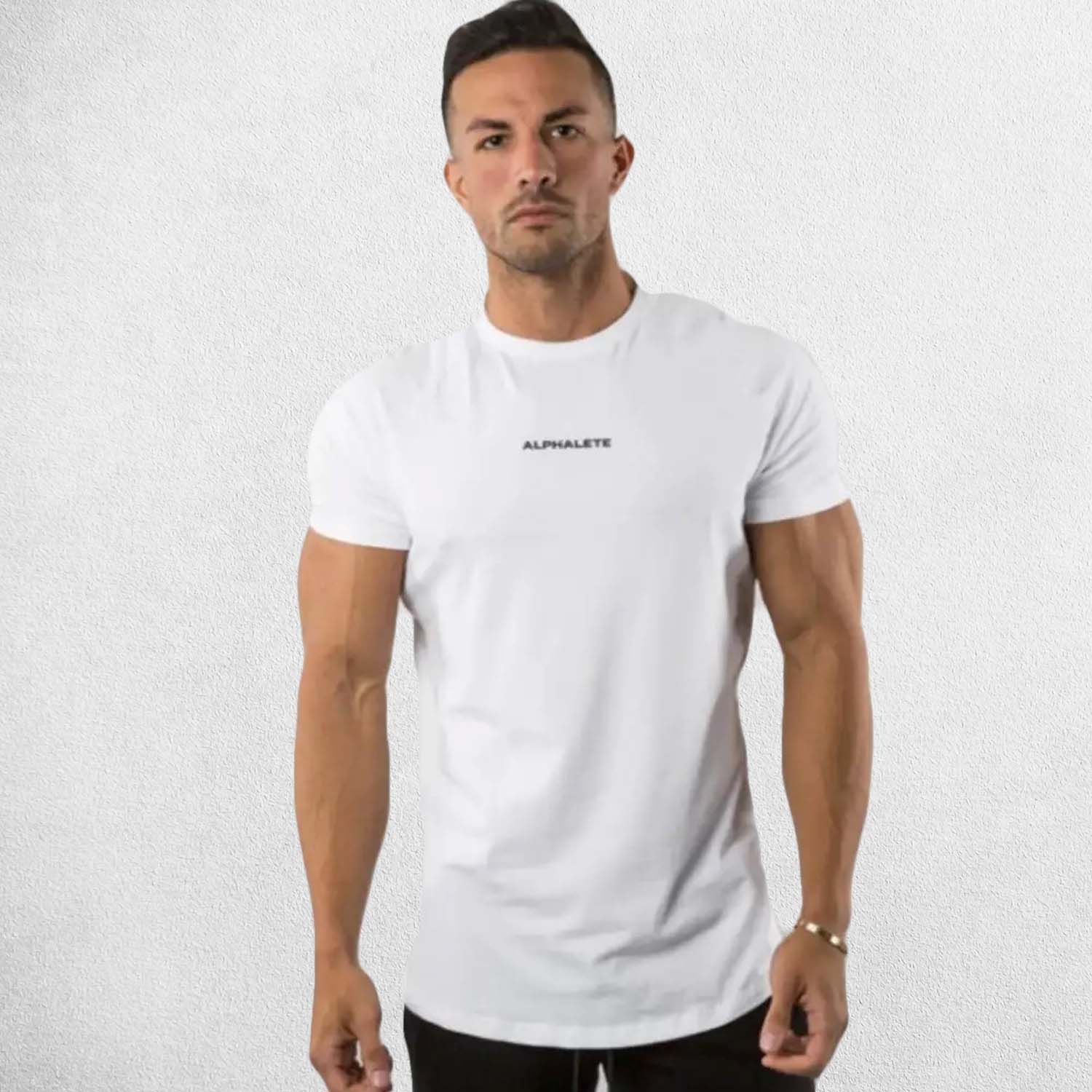 Front View of Model Wearing White Gym Cotton T-Shirt for Men – Slim Fit, Short Sleeve, Workout & Bodybuilding Tee