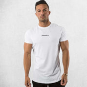 Front View of Model Wearing White Gym Cotton T-Shirt for Men – Slim Fit, Short Sleeve, Workout & Bodybuilding Tee