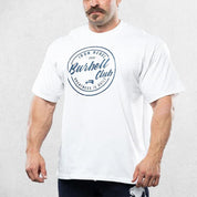 White Loose Fit Barbell Club Tee - Oversized gym shirt front view.