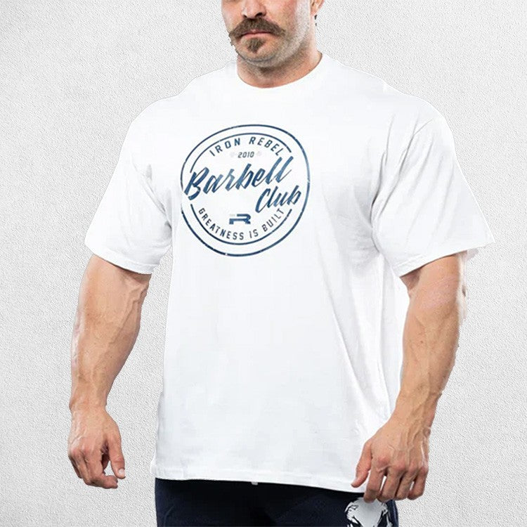 White Loose Fit Barbell Club Tee - Oversized gym shirt front view.
