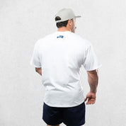 White Men’s Oversized Crew Neck Gym Shirt - Back graphic view.