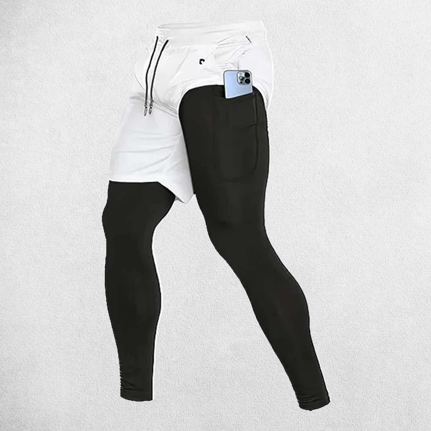 Zipper pocket on White men’s workout pants holding a smartphone