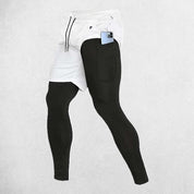 Zipper pocket on White men’s workout pants holding a smartphone