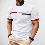 Front View of Model Wearing White Men’s 3D Striped Letter Print Oversized T-Shirt – Casual Streetwear Hip-Hop Tee