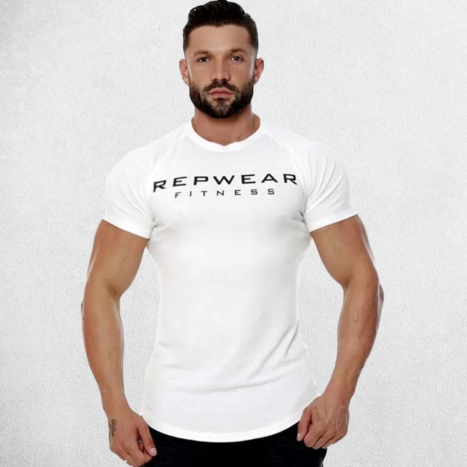 Front Pose of Model wearing White Men’s Athletic Fit Gym T-Shirt – Breathable Cotton Workout Shirt for Training & Casual Wear
