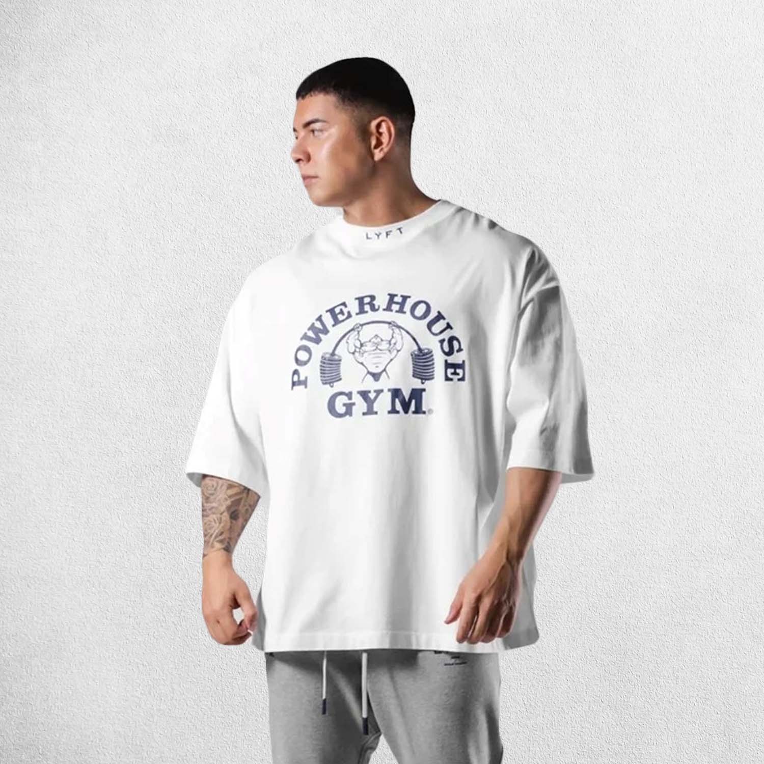 Front View of Model Wearing White Men's Casual Loose Oversized Cotton Printed T-shirt – Breathable & Stylish Workout Tee