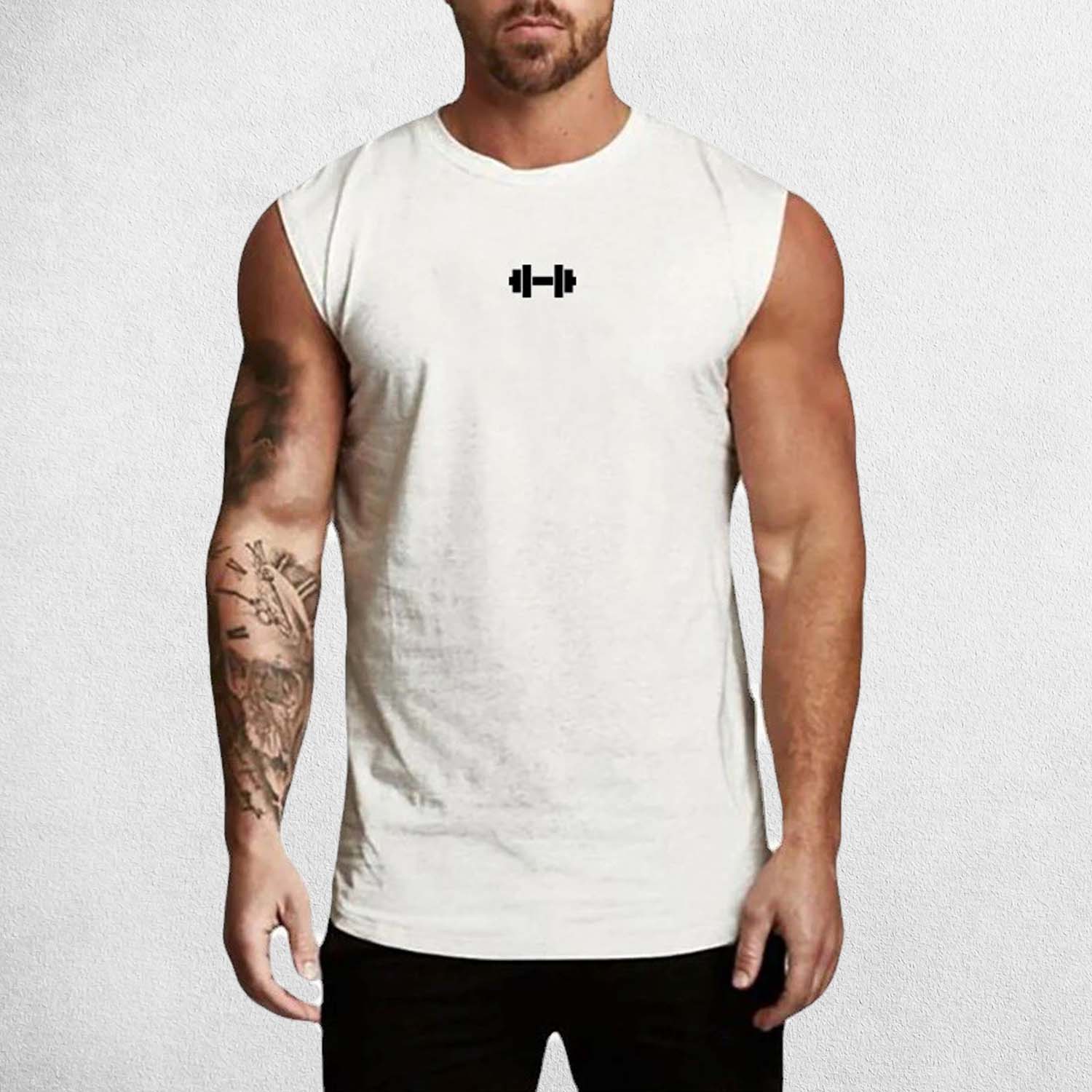Front View of Model Wearing White Men’s Compression Gym Tank Top – Sleeveless Cotton Muscle Vest for Fitness & Bodybuilding