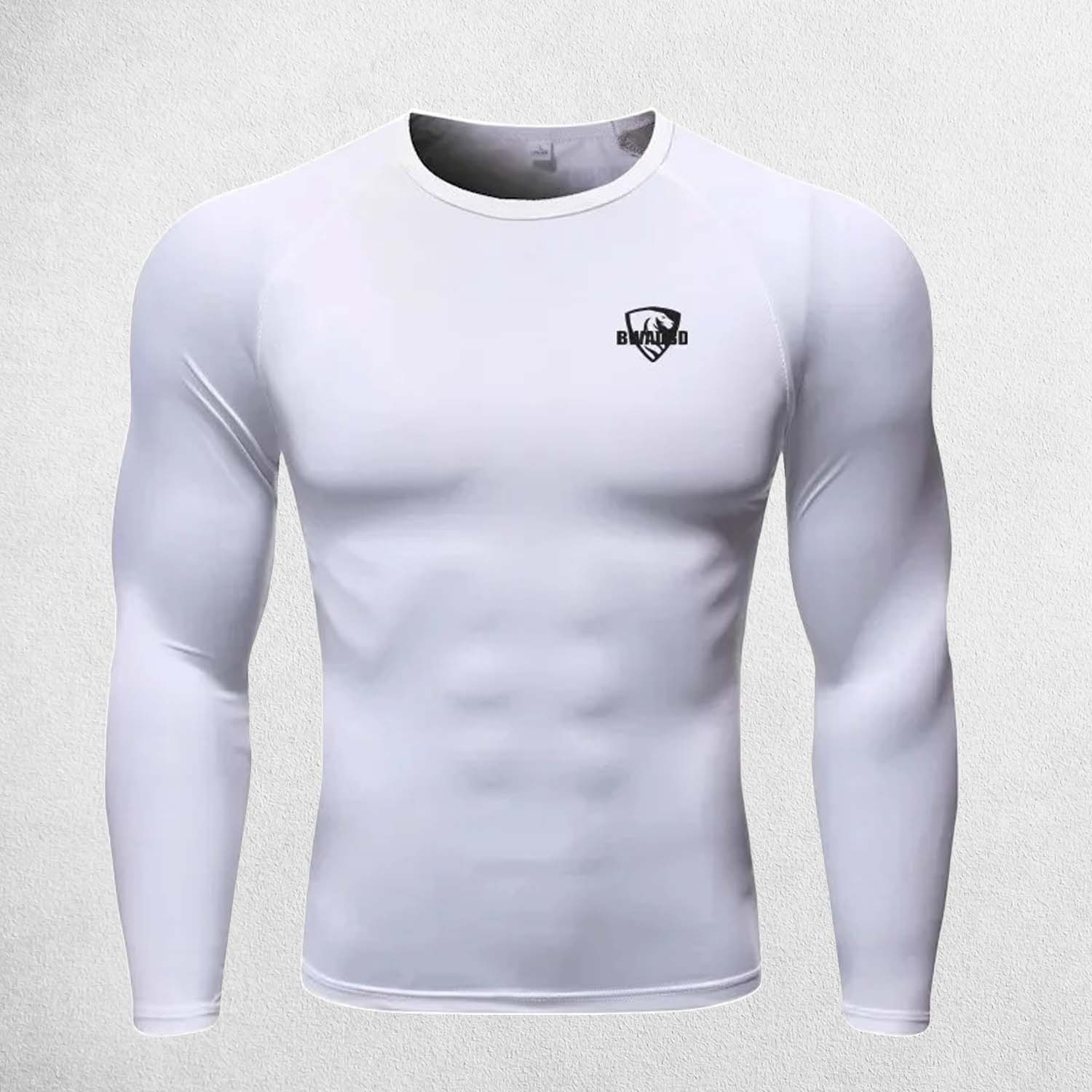 Close Up of White Men's Compression Quick-Dry Long Sleeve T-Shirt – Tight-Fit Gym & Running Sportswear for Training & Fitness