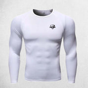 Close Up of White Men's Compression Quick-Dry Long Sleeve T-Shirt – Tight-Fit Gym & Running Sportswear for Training & Fitness