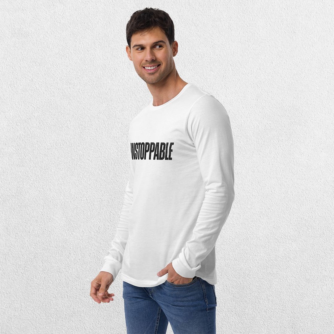 Model Wearing White Men's Gym Long Sleeve Tee – Unmatched Performance & Style in a studio background