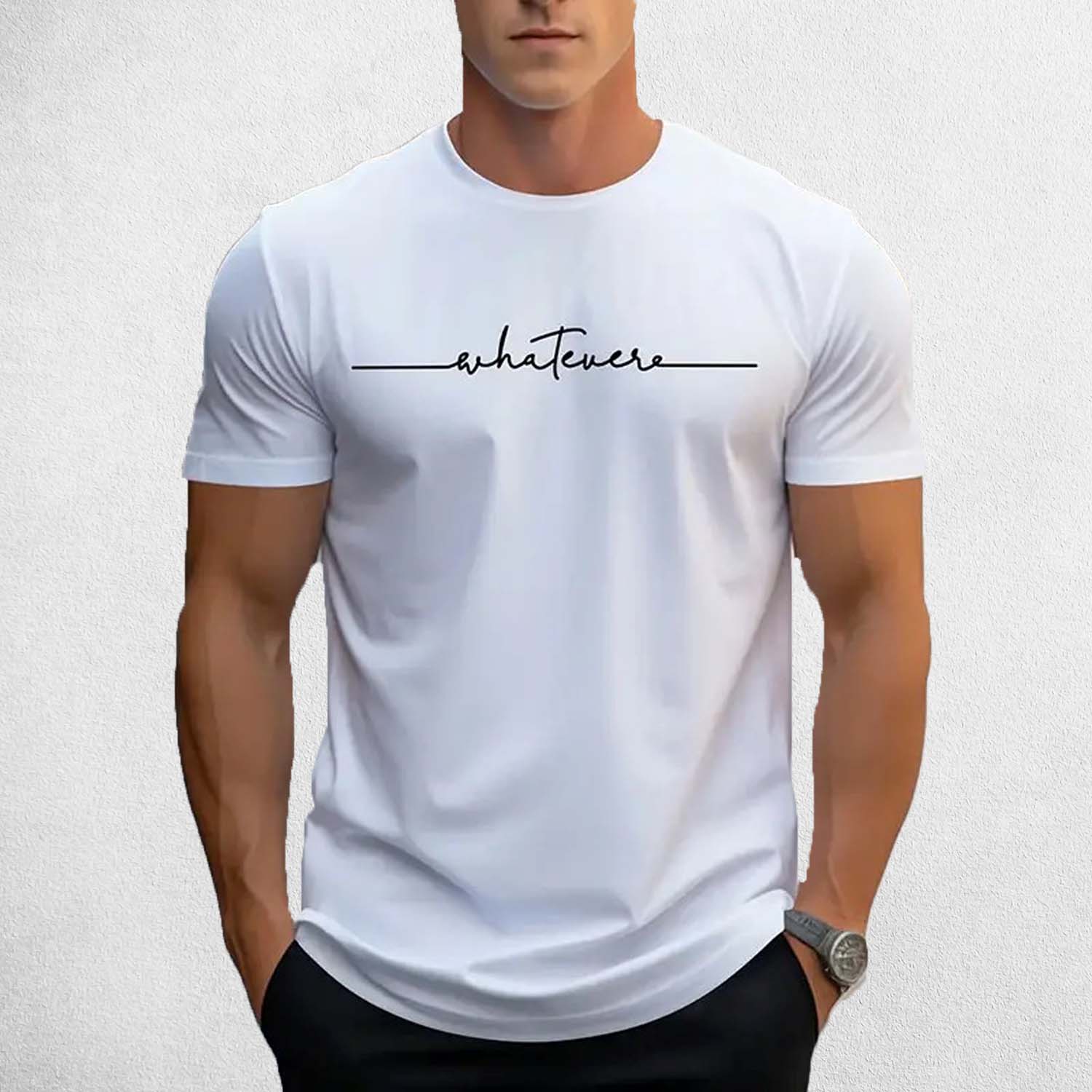 Front View of Model Wearing White Men’s Letter Print Round Neck T-Shirt – Casual Breathable Summer Short-Sleeve Tee