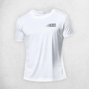 Front view of White Moisture-wicking workout T-shirt with breathable mesh panels