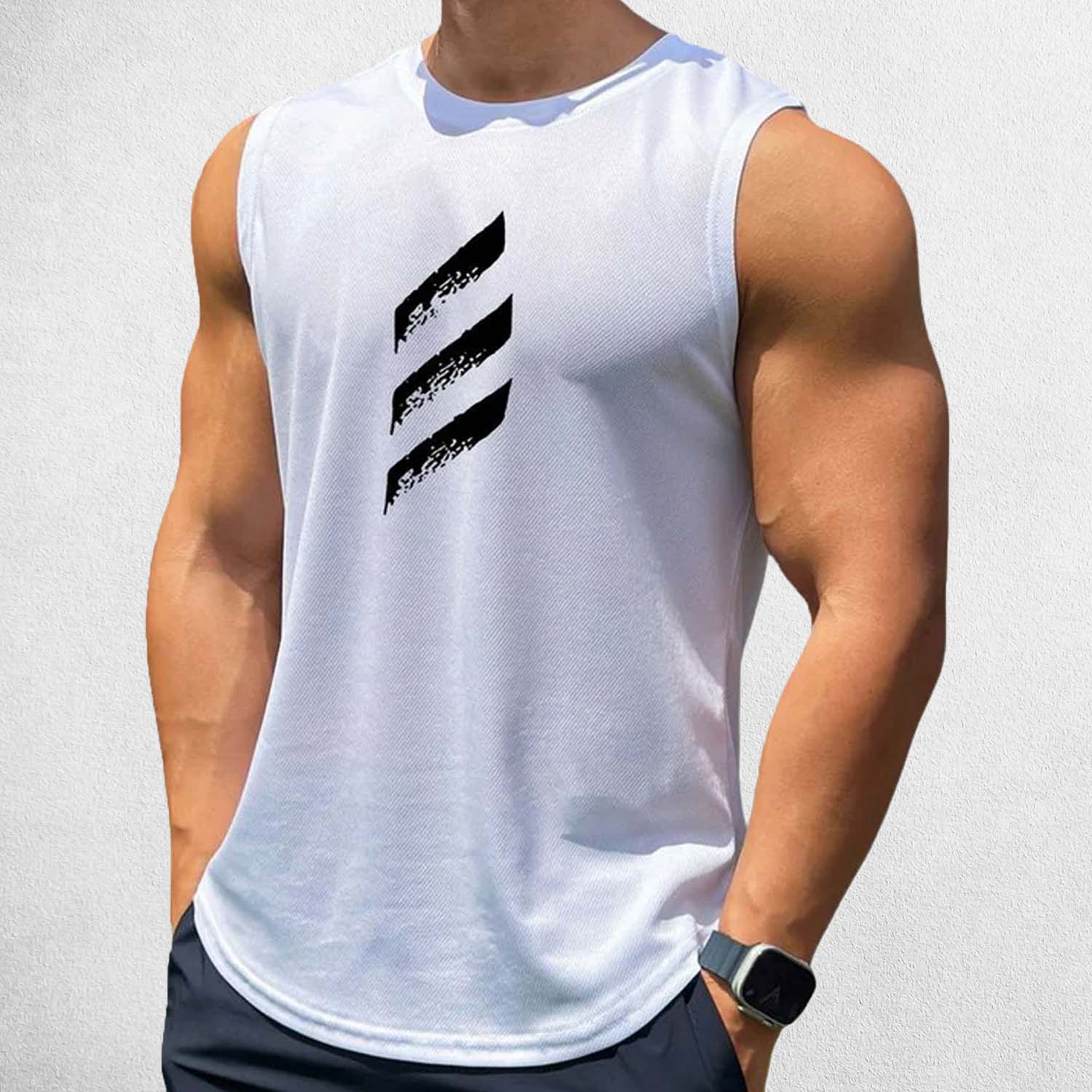 Front view of men’s quick-dry tank top in breathable mesh fabric
