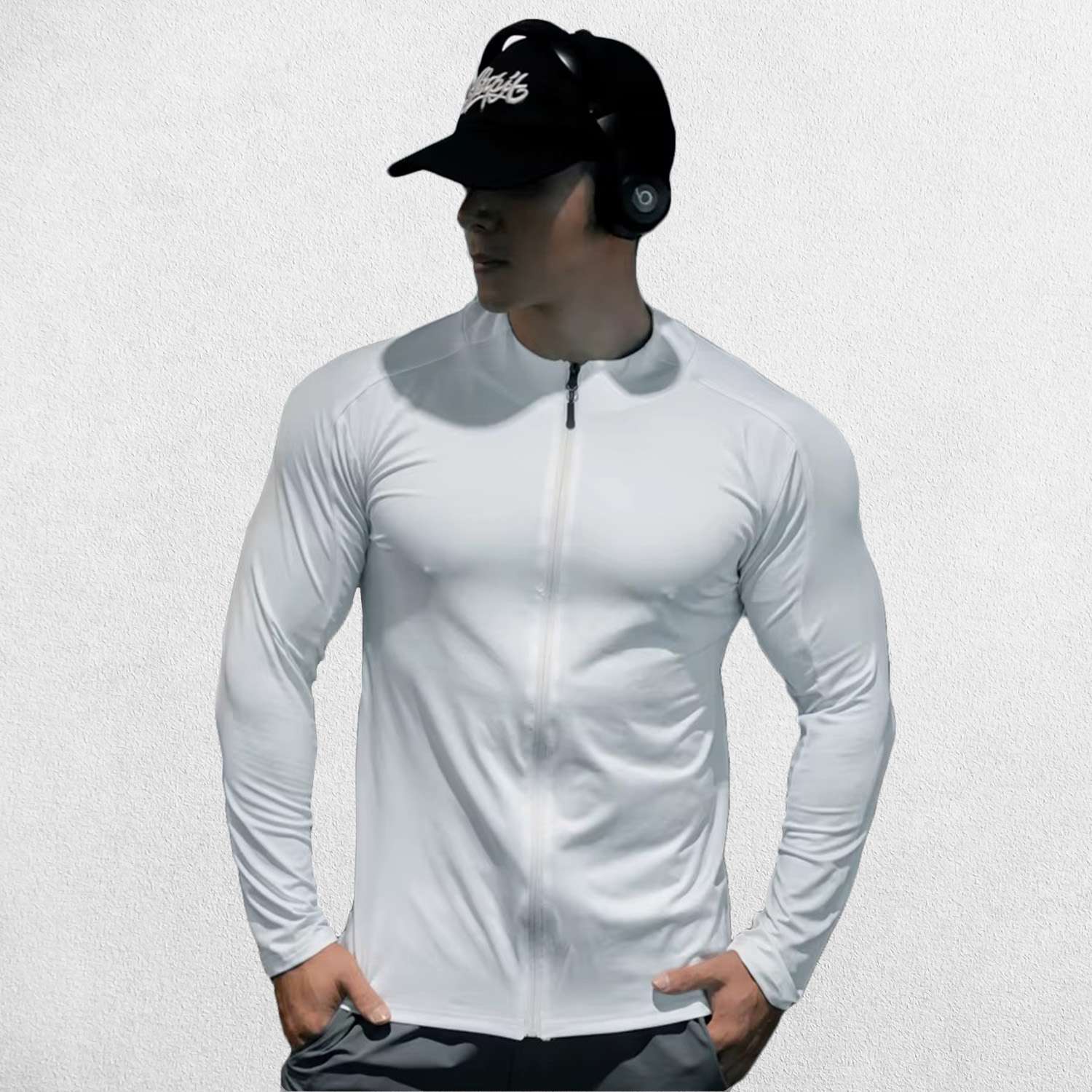 White Slim-fit men’s compression T-shirt with zipper, lightweight design, front view.