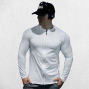 White Slim-fit men’s compression T-shirt with zipper, lightweight design, front view.