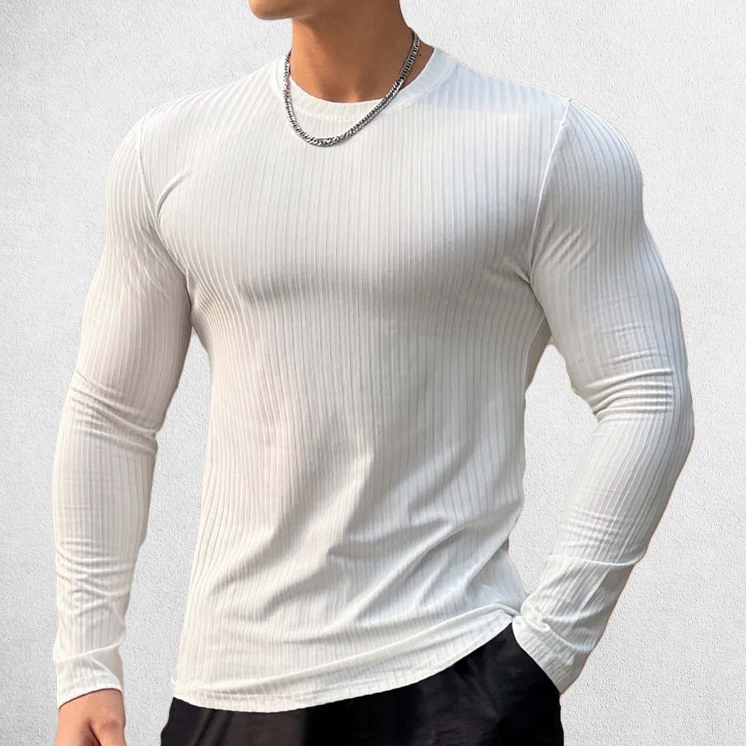 Front View of Model Wearing White Men’s Solid Color Slim Fit Striped Gym & Casual Long-Sleeve Shirt – Quick-Dry, Breathable Performance Wear