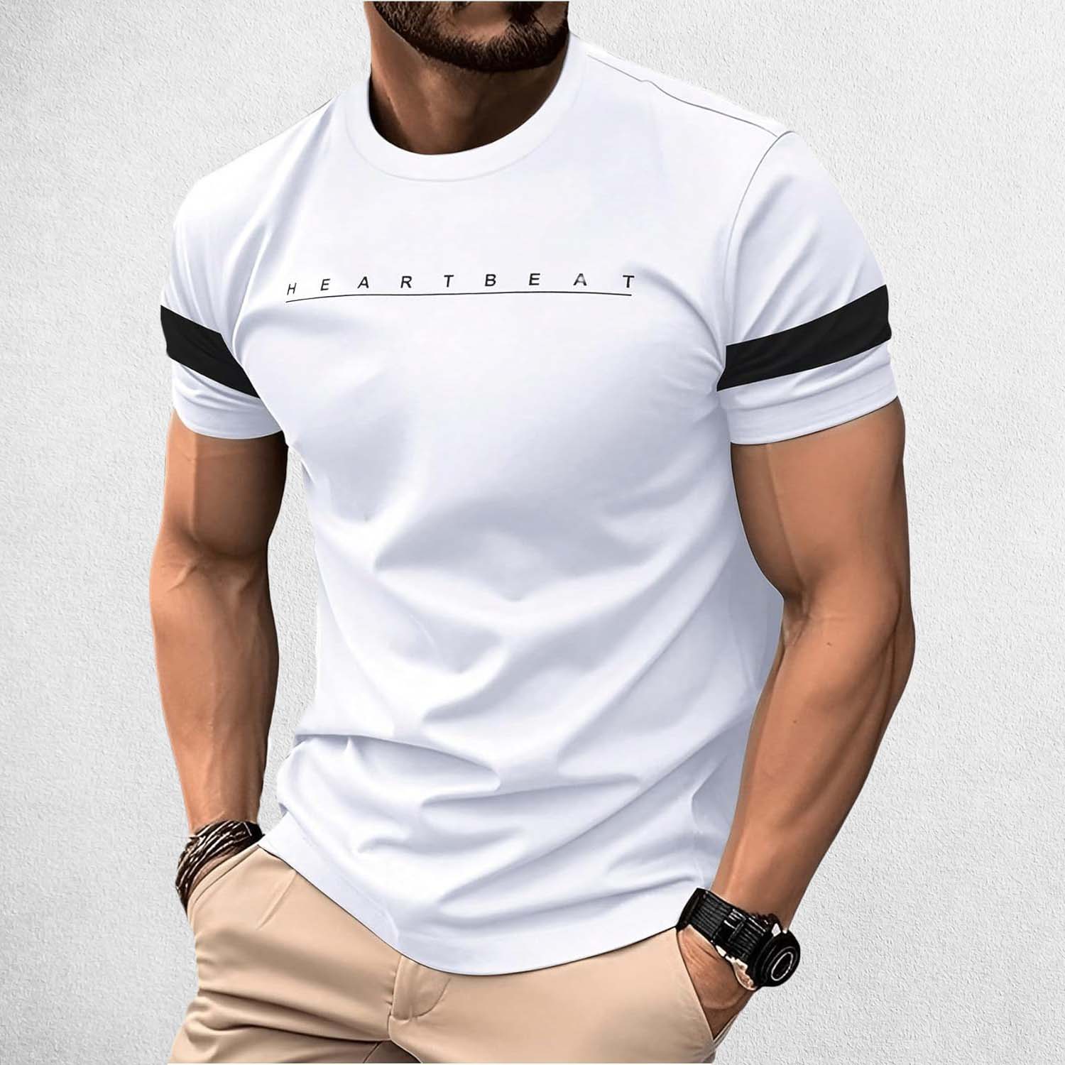 Model wearing White Men's Summer Letter Graphic Crew Neck Fitness Tee Shirts– Breathable, Quick-Dry, Casual Short Sleeve Tee