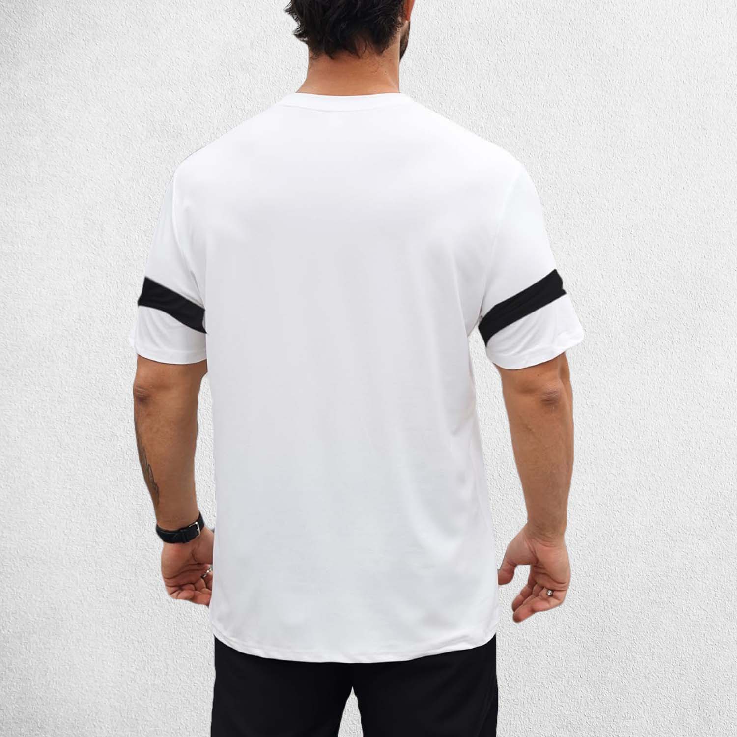 Back pose of model wearing White Men's Summer Letter Graphic Crew Neck Fitness Tee Shirts– Breathable, Quick-Dry, Casual Short Sleeve Tee