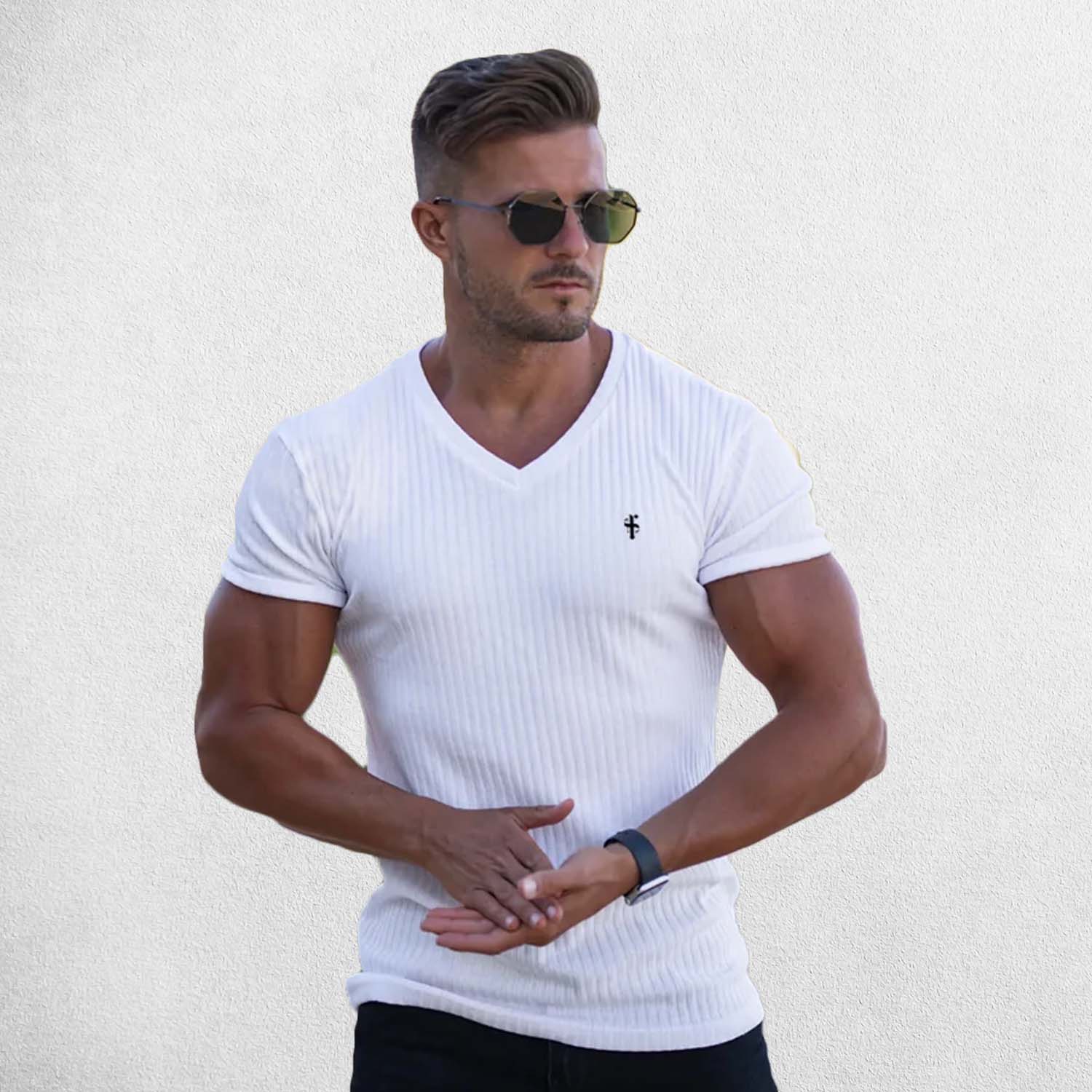 Model Wearing White Men’s Summer Sports Fitness V-Neck Quick-Drying Breathable Striped T-Shirt with Floral Pattern in a studio background