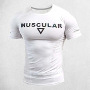 Front View of White Muscular Men’s Compression Sports T-Shirt – Quick-Dry, Slim-Fit Training & Fitness Tee for Gym, Running, and Workouts