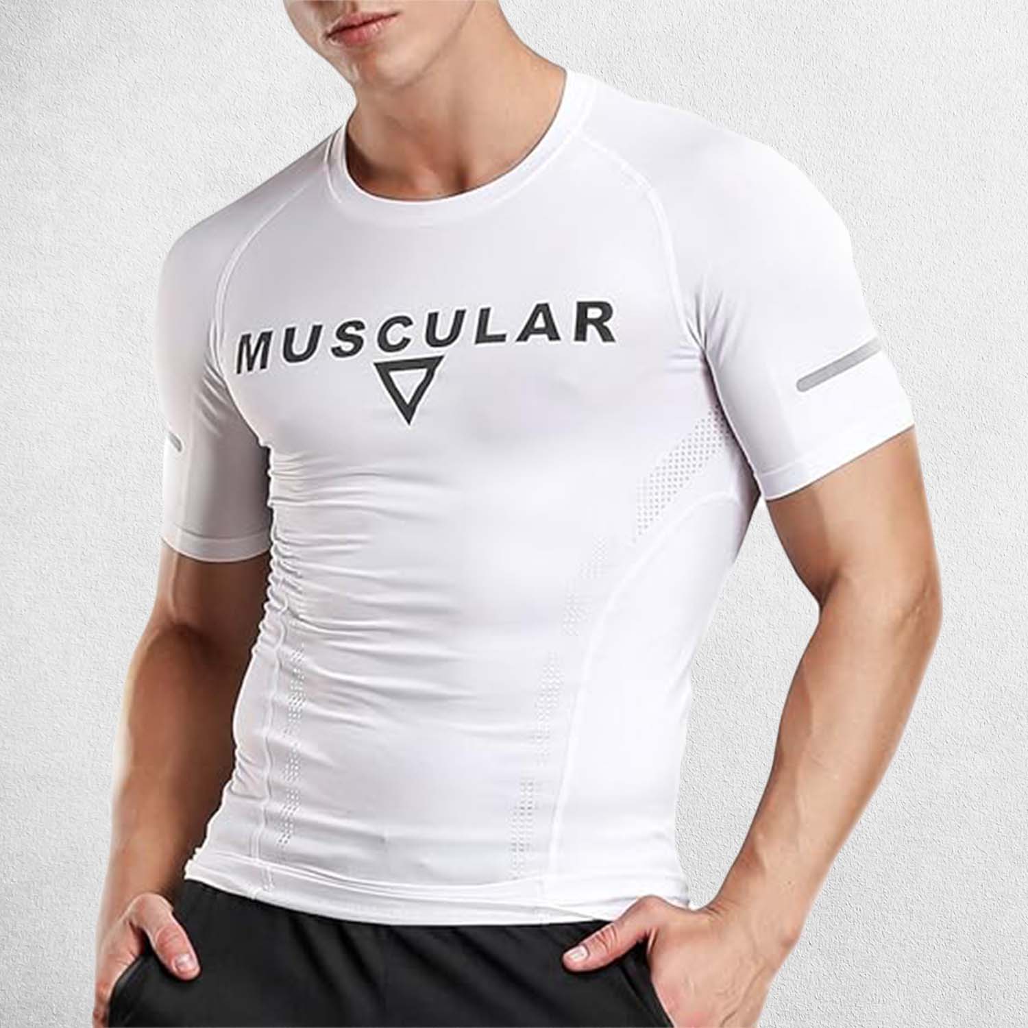 Front View Of Model Wearing White Muscular Men’s Compression Sports T-Shirt – Quick-Dry, Slim-Fit Training & Fitness Tee for Gym, Running, and Workouts