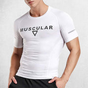 Front View Of Model Wearing White Muscular Men’s Compression Sports T-Shirt – Quick-Dry, Slim-Fit Training & Fitness Tee for Gym, Running, and Workouts