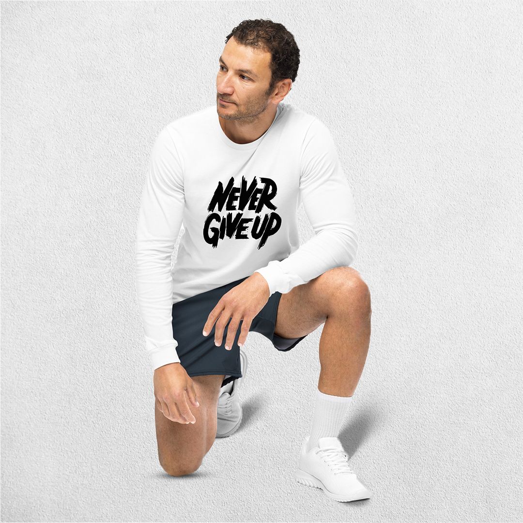 Sitting Model wearing the White Never Give Up Full Sleeve Shirt for Men and Women in studio background