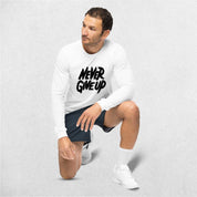 Sitting Model wearing the White Never Give Up Full Sleeve Shirt for Men and Women in studio background