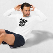 Streching Model wearing the White No Days Off Unisex Long Sleeve Tee - Versatile Athletic and Casual Wear in studio background