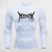 Close-up of White Quick Dry Rash Guard highlighting Berserk print and ergonomic fit.