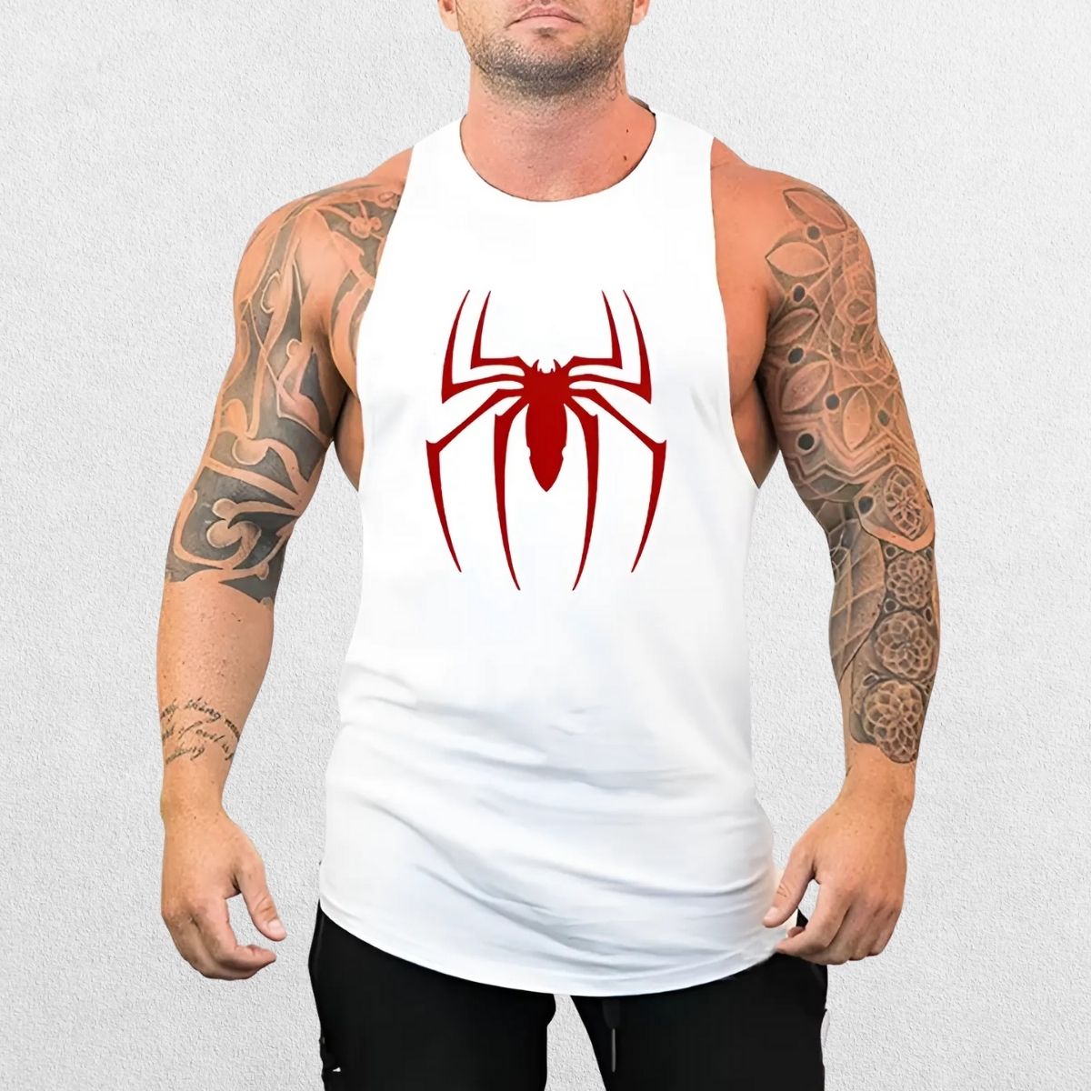 White Red Spider Printed Running Tank Top with a bold spider graphic on the chest, perfect for active wear.