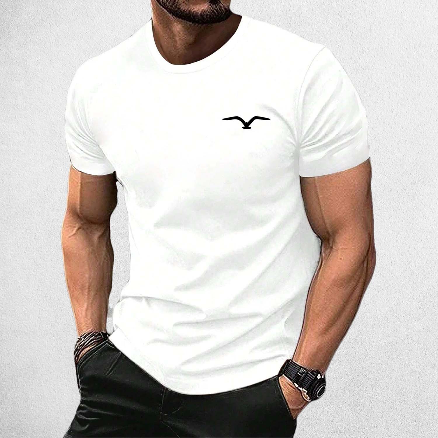 Front View of Model Wearing White Seagull Men's Luxury Cotton T-Shirt – Casual Streetwear, Big Size, Premium Comfort