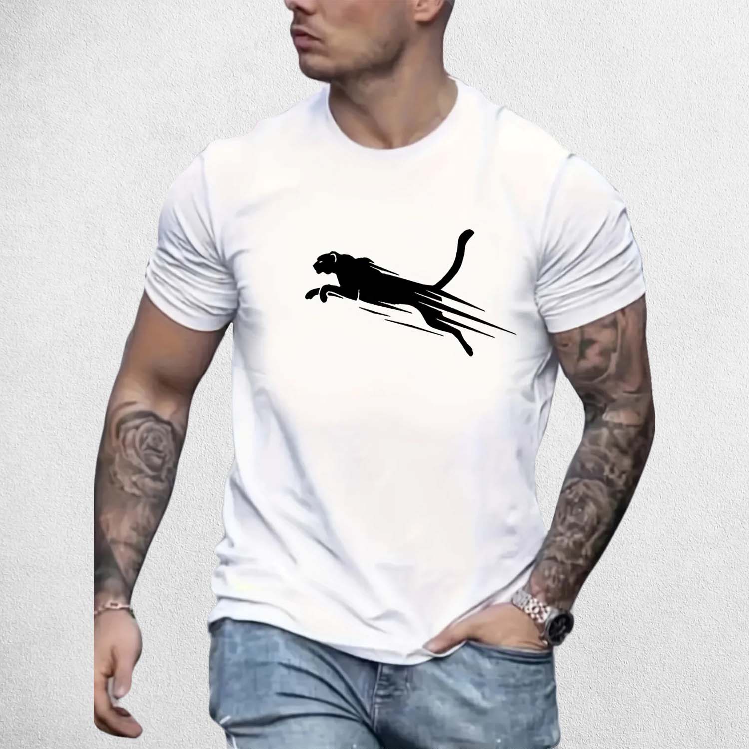 Front View of Model Wearing White Trendy Leopard Graphic Print Men's Comfy T-Shirt – Casual Summer Streetwear Tee