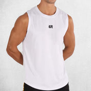 Front view of Model Wearing white breathable mesh gym tank showcasing lightweight design