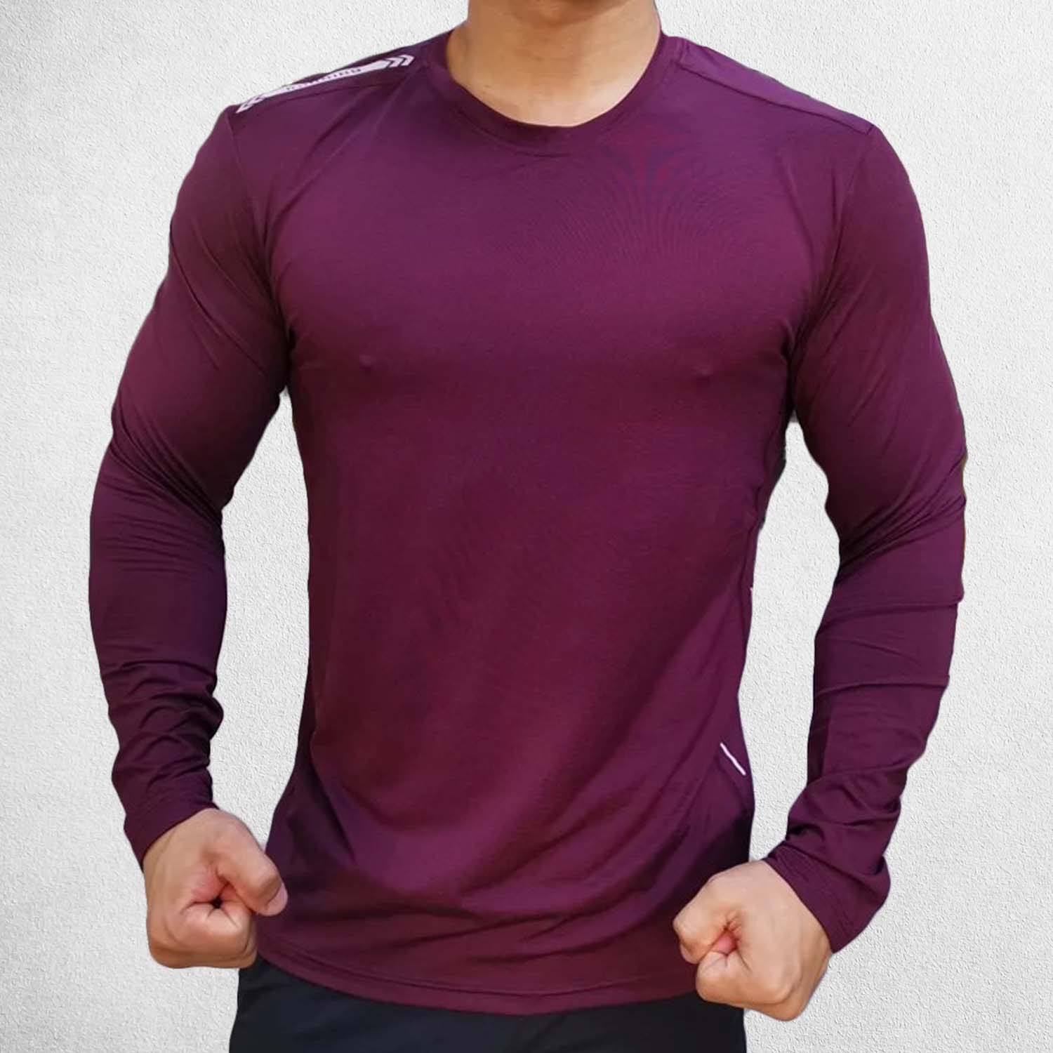Front View of Model Wearing Wine Red Men’s Compression Sweatshirt – Long Sleeve Dry Fit Performance Gym & Running Top