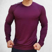 Front View of Model Wearing Wine Red Men’s Compression Sweatshirt – Long Sleeve Dry Fit Performance Gym & Running Top
