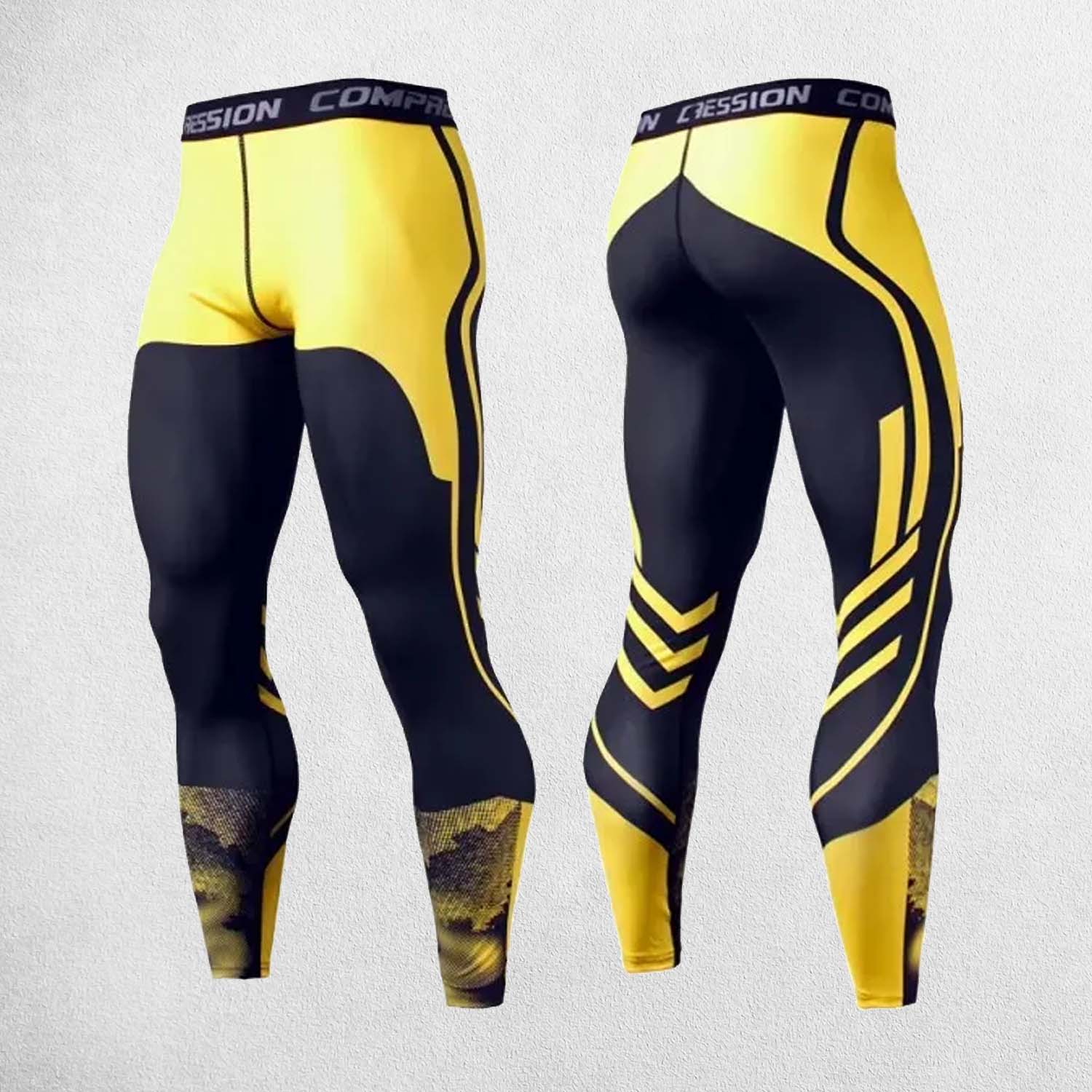 Front And back view of ellow Blac Men’s compression pants with high-stretch fabric for gym workouts and running.
