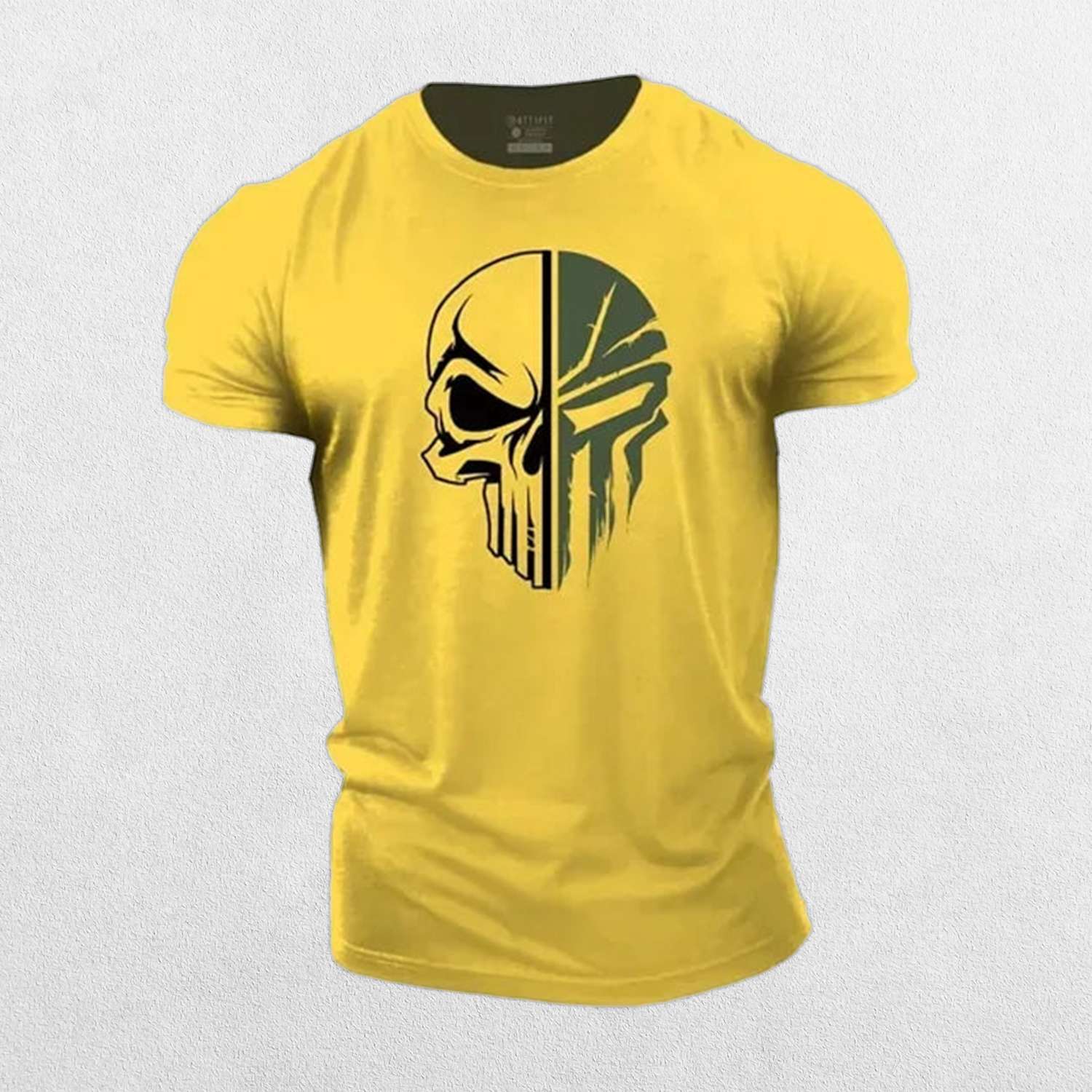 Close-up of Yellow GPW Mens Short Sleeve 2D Skull Cotton T-Shirt For Gym And Casual Style in a studio background