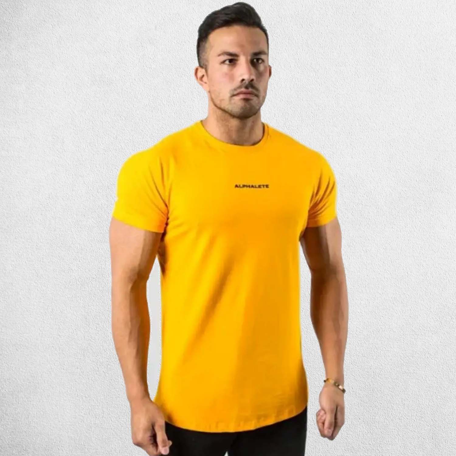 Front View of Model Wearing Yellow Gym Cotton T-Shirt for Men – Slim Fit, Short Sleeve, Workout & Bodybuilding Tee