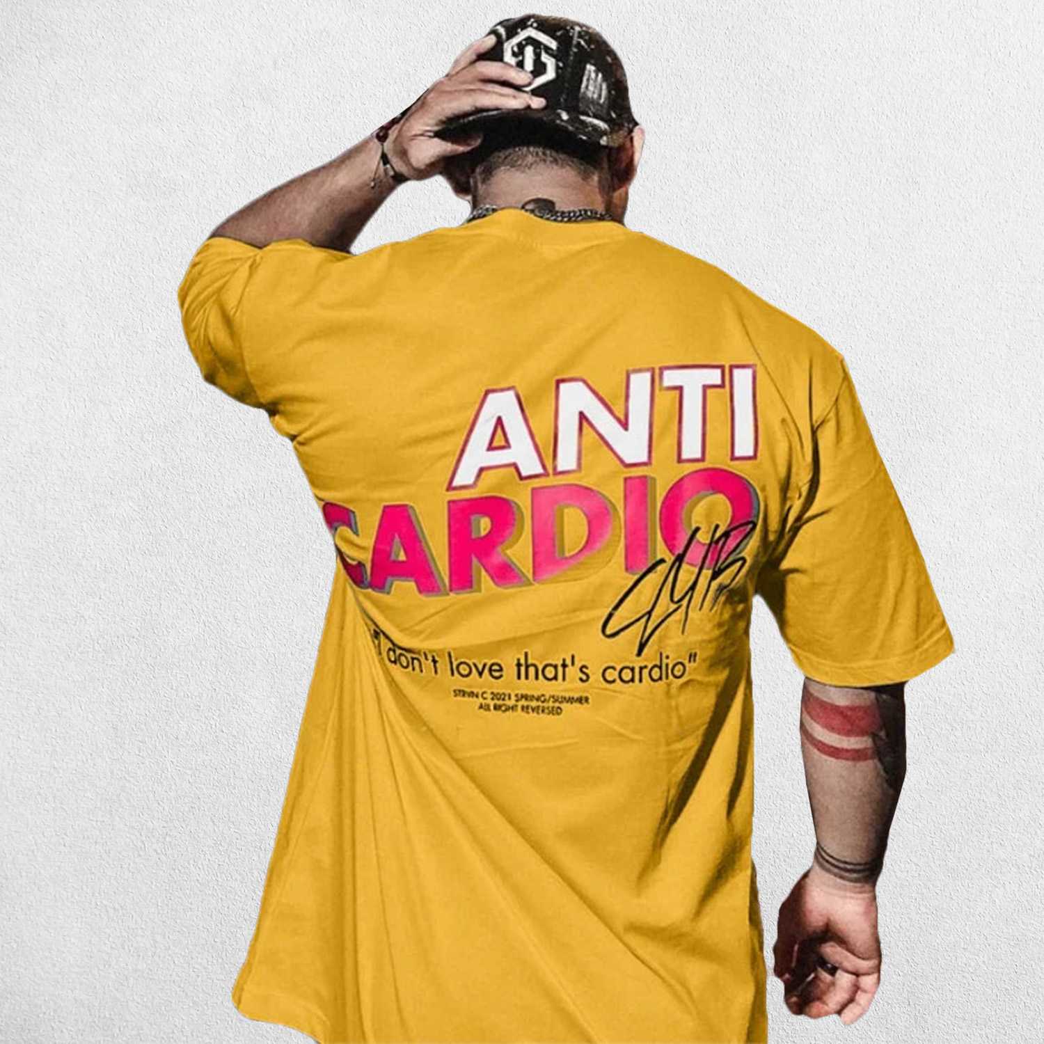 Yellow Unisex Anti Cardio Oversized Workout T-Shirt front view with bold design and breathable cotton fabric