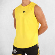 Side view Of yellow Tank top  highlighting stretchable and unisex fit