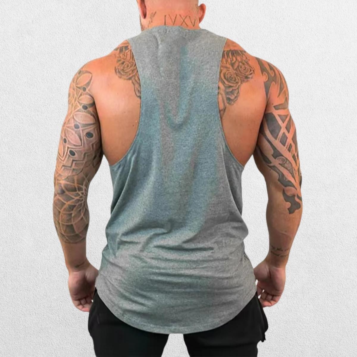 Back view of the grey Red Spider Running Tank, highlighting the lightweight fabric and comfortable fit.