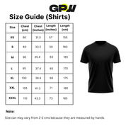 Size guide for shirts with a black t-shirt on a white background