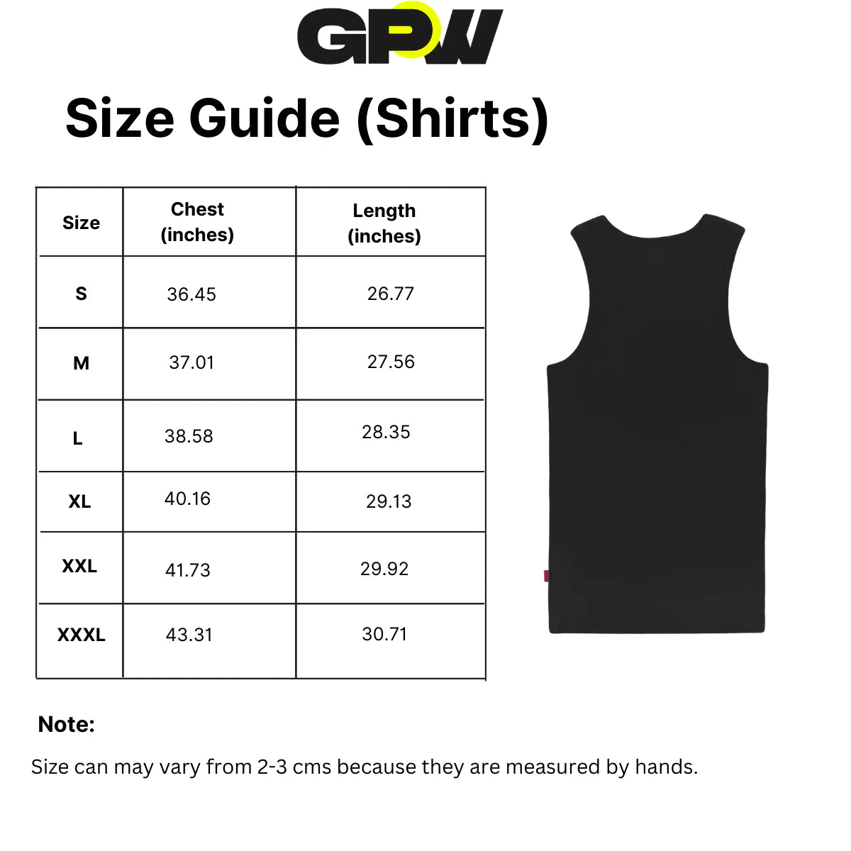 Size guide for GPW Slimfit Training Top with chest,and length measurements.